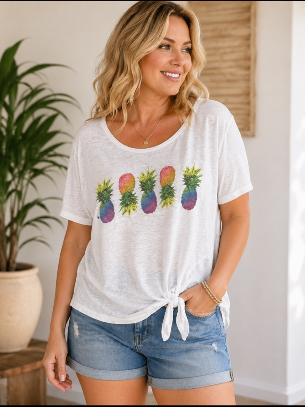 Cato Women’s 22/24W Pineapple Graphic Tie Front T Shirt Summer Casual Plus Top